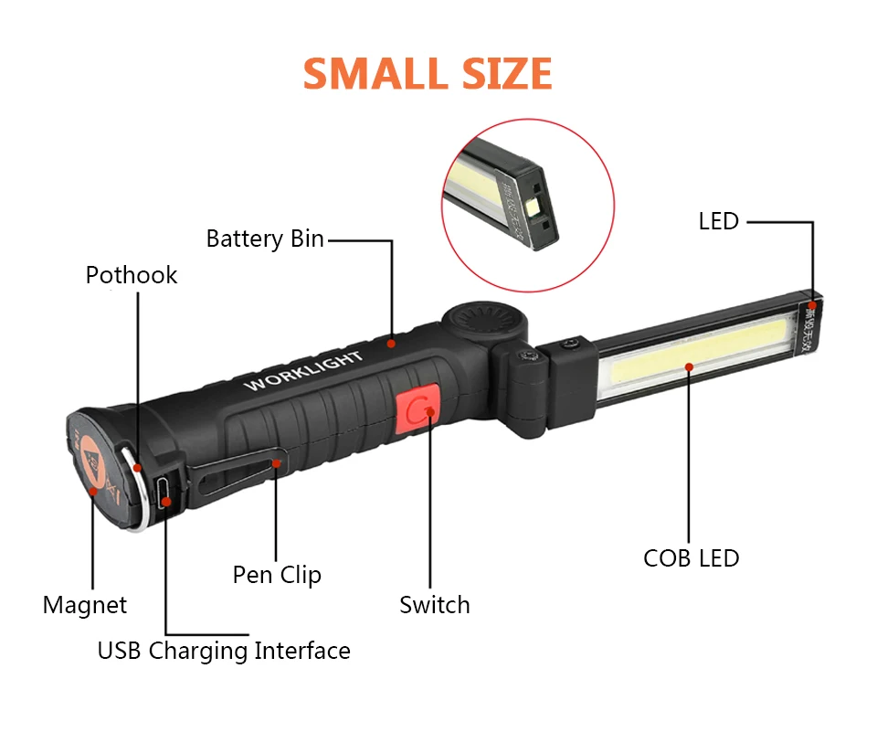 COB LED Work Light Foldable 5 Modes Waterproof Emergency Light Handled Flashlight with Magnet Auto Repair Light USB Worklights