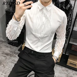 Camisa de vestir blanca sexi para hombre, manga larga, ajustada, transparente, para fiesta, cantante, disfraz de escenario Punk, camisa de esmoquin informal coreana para hombre