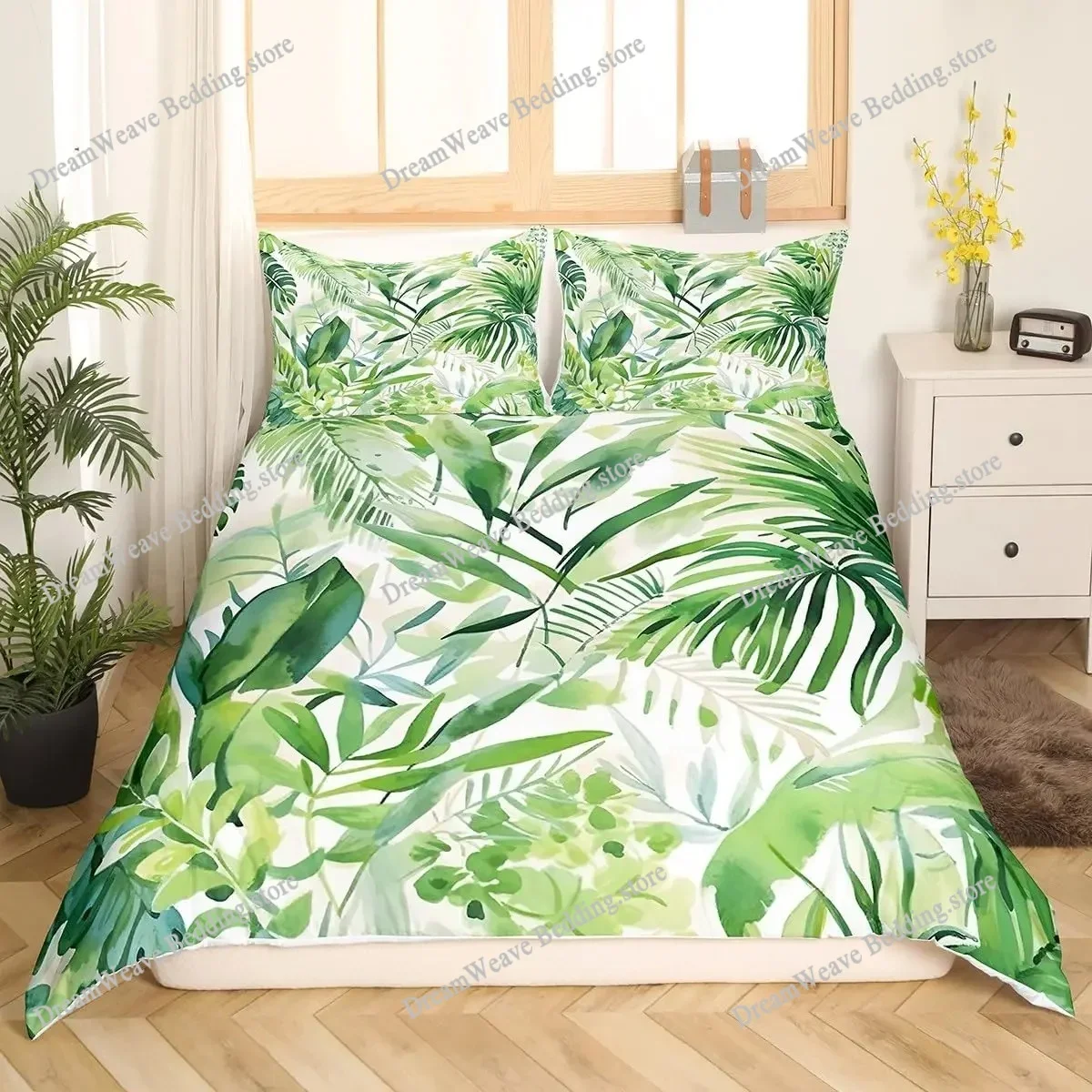 Palm Leaves Duvet Cover Monstera Leaf Comforter Covers Tropical Green Leaves Bedding Set White Marble Quilt Cover for Men Women