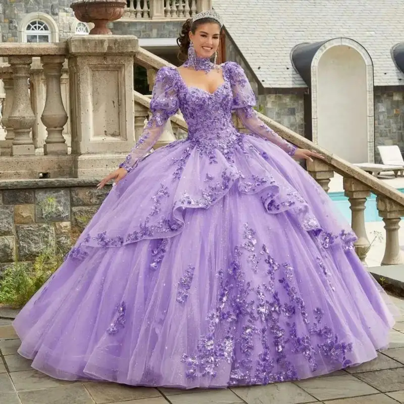 Rincess quince anera kleider mit langärm ligen spitzen applikationen rüschen party sweet 15 16 kleid vestidos de 15 años