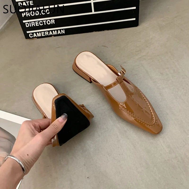 SUOJIALUN 2023 Summer New Women Slipper Fashion Slip On Ladies Elegant Mules Shoes Square Low Heel Dress Sandal Casual Slides