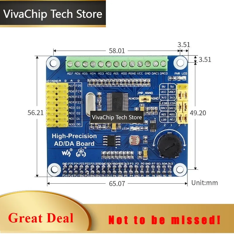 VivaChip TechRaspberry Pi High Precision AD/DA Expansion Board - 24-bit ADC & 16-bit DAC With 8-Channel Input For Analog Sensors
