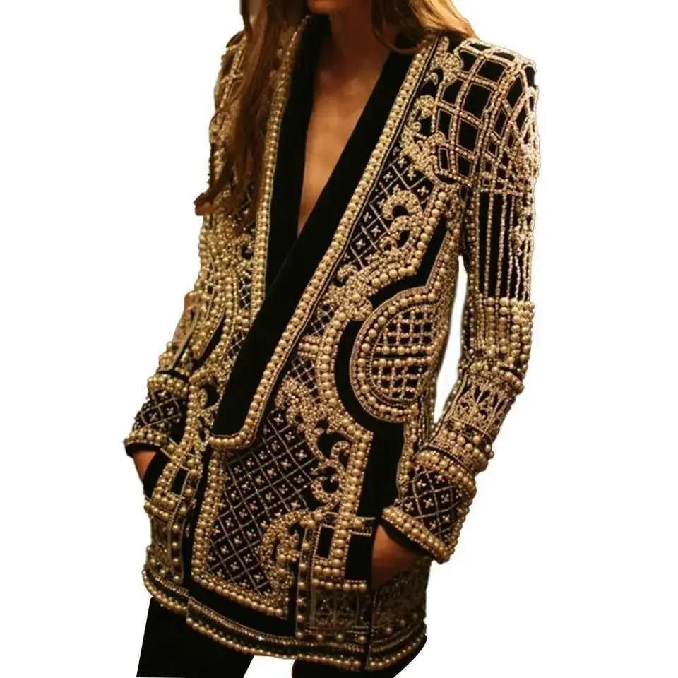 Women V-Neck Geometric Sequined Embroidery Suits Coat Shiny Beaded Pearls Blazers Jacket Slim Long Sleeve Cardigan OL Crop Tops