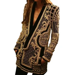 Frauen V-Ausschnitt geometrische Pailletten Stickerei Anzüge Mantel glänzende Perlen Perlen Blazer Jacke schlanke Langarm Cardigan ol Crop Tops