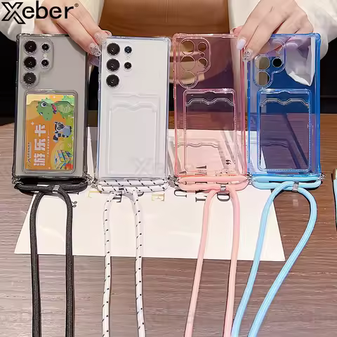 Luxury Card Bag Clear Wallet Crossbody Necklace Strap Case For Samsung S25 S24 S23 Ultra S22 S21 FE A55 A54 A53 A35 A33 5G Cover