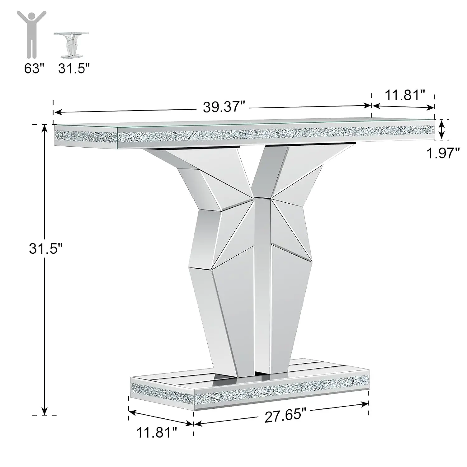Silver Mirrored Console Table Crushed Diamond Inlay,39.4 Inch V-Shaped Entryway Table, Glass Hallway Foyer Sofa Table,Customized