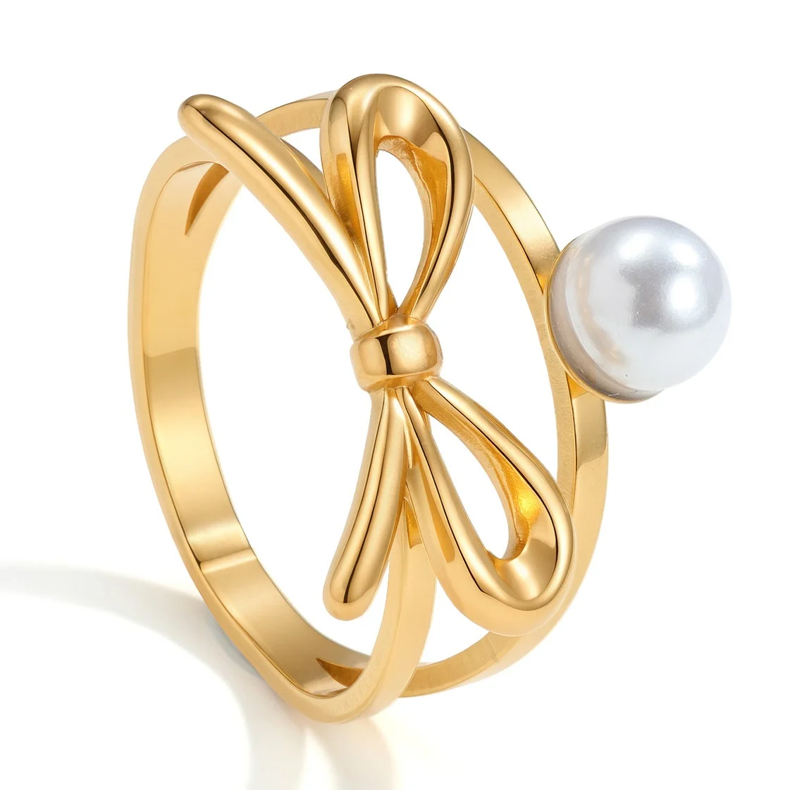 Dainty Gold Plated Bow Rings for Women Mother Daughter Friendship Ribbon Knot Ring Pearl Bowknot Wedding Bands Jewelry Gift