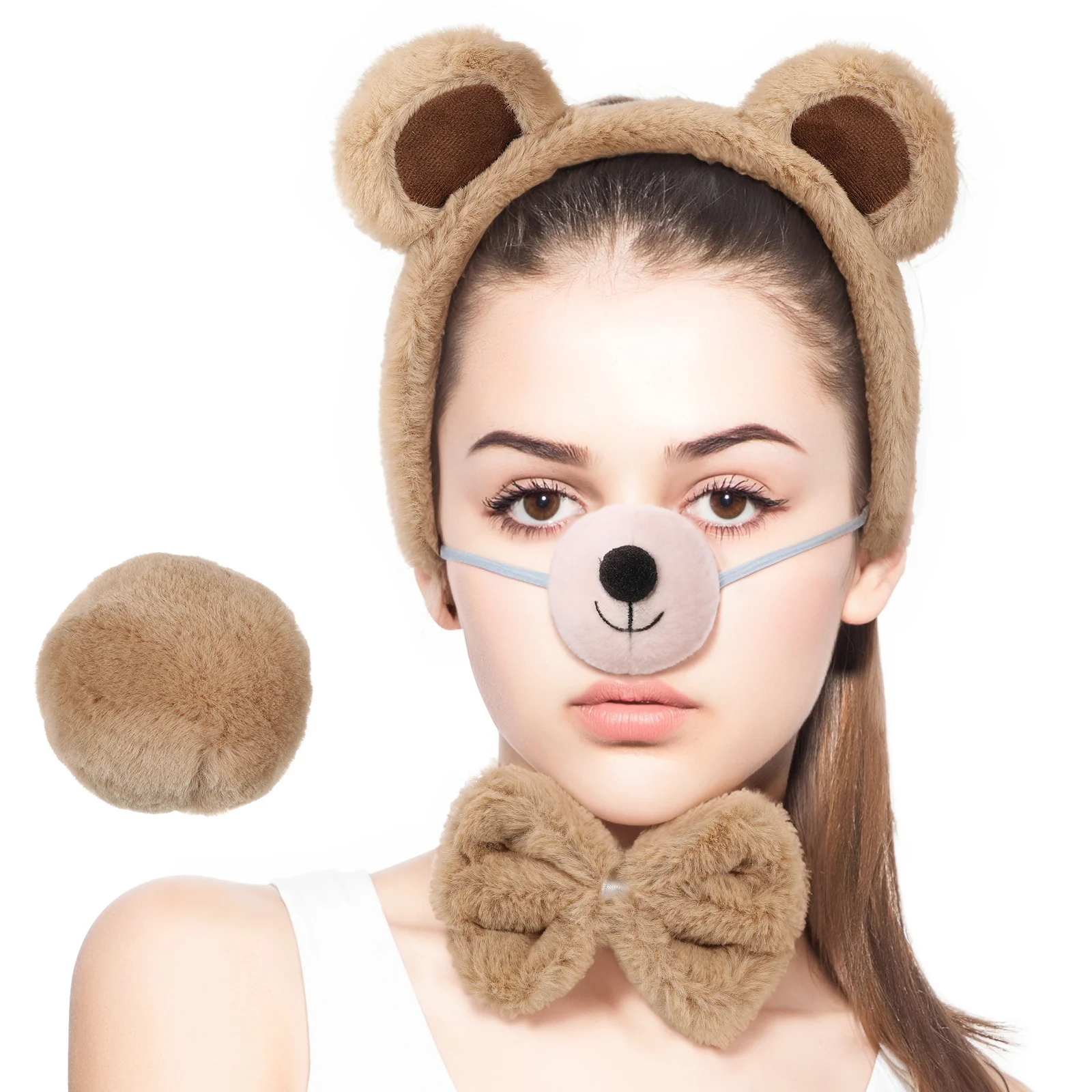 1 Set Bear Ears Headband Nose Tail Bowtie Costume Accessories Animal Party Decorations Halloween Cosplay Props For Adults Kids