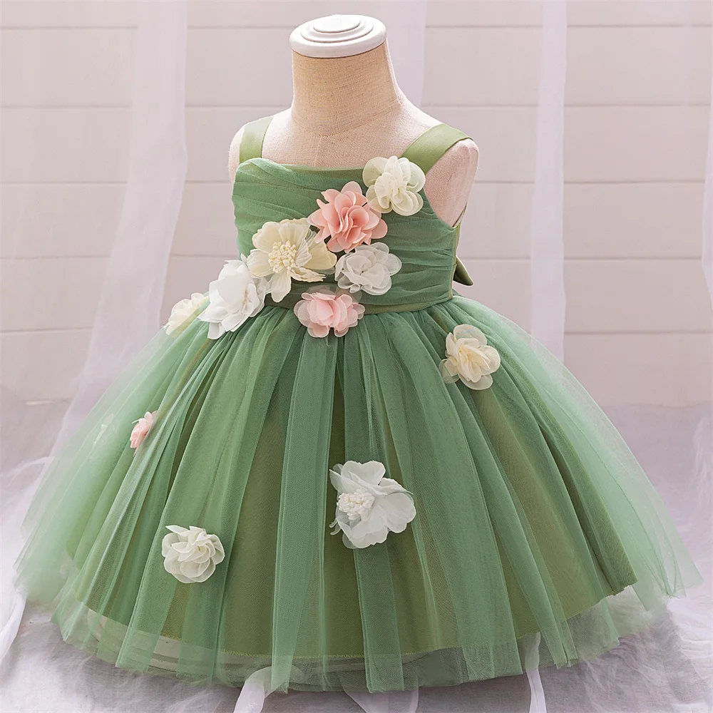 Summer Floral Green Wedding Party Dress For Flower Girls Baby Girl 1st Birthday Tutu Dresses Toddler Daily Holoday Clothes Wear