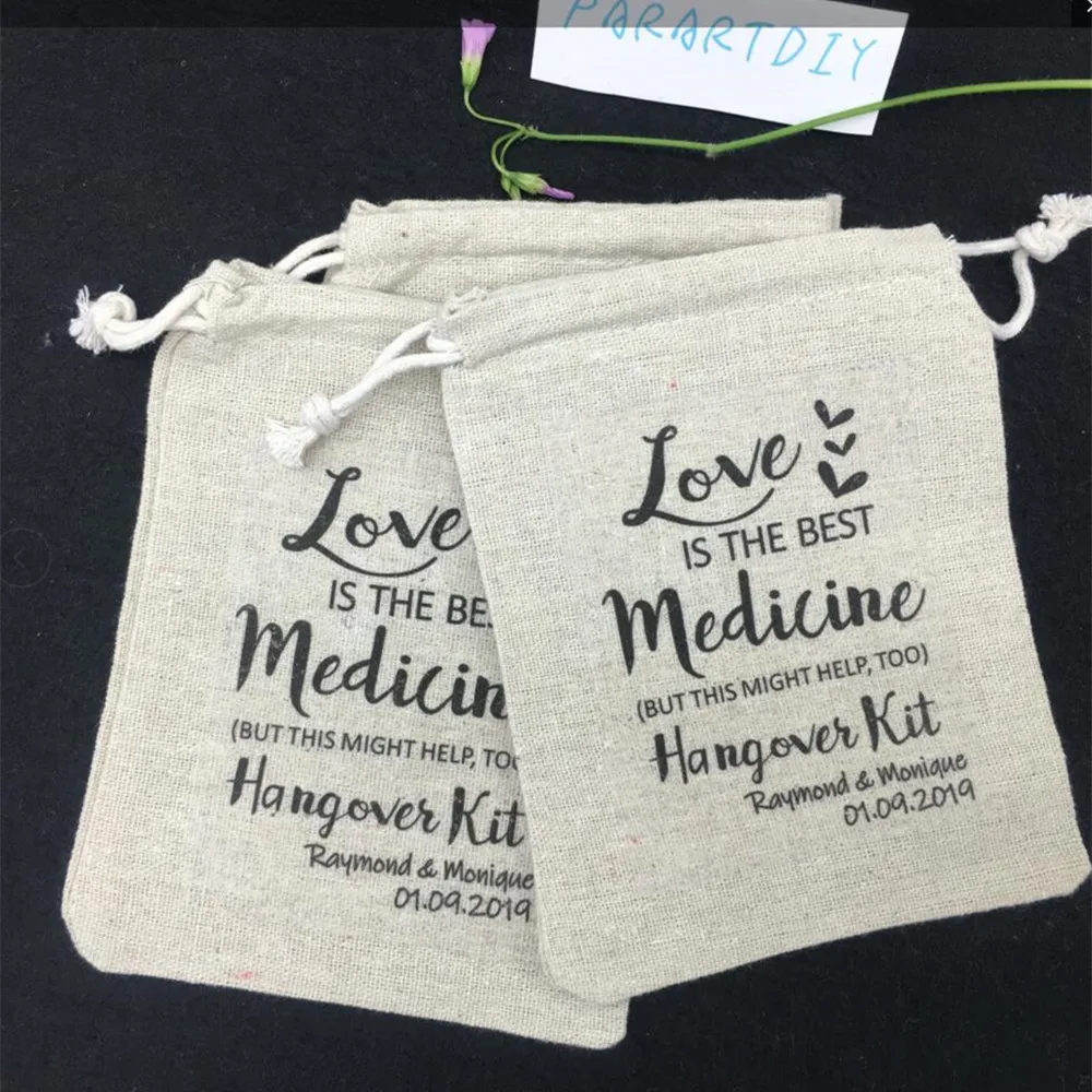 20pcs Custom love is the best medicine wedding Bachelorette Hangover recovery Survival Kits party Candy pouches favor bags