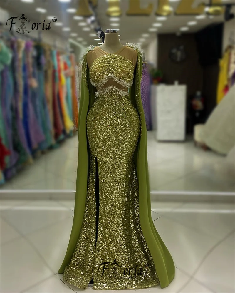 

Sparkly Sequin Stones Green Muslim Mermaid Evening Dress With Cape Sleeve Dubai Vintage Formal Occasion Dresses Wedding Party