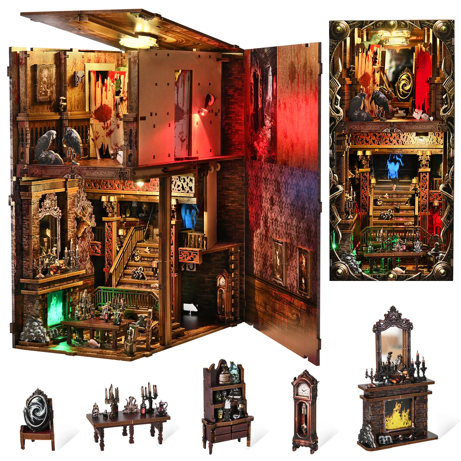 DIY Book Nook Kit Hotel of Terror Wooden Bookshop Dollhouse with Light Dynamic video Bookshelf Insert 3D Puzzle Decor for Gift