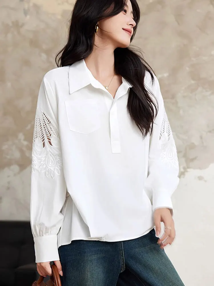 

Early Autumn Loose Fit Casual Long Sve irt Embroidered Pure Color Top Youthful Design Women's Faionable irt