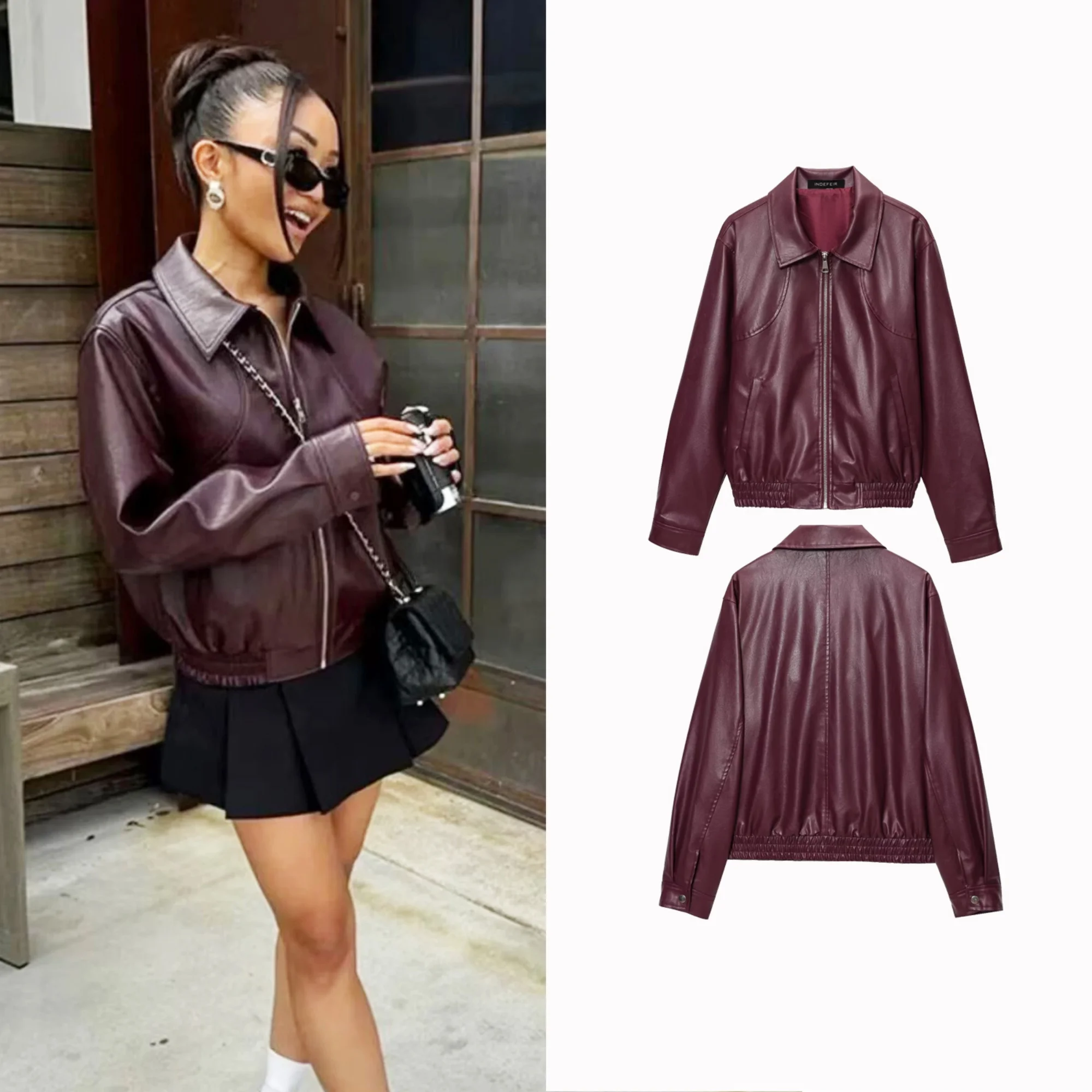 

2025 Autumn Womens Faux Leather Jacket Outerwears Fashion Cropped Long Sleeve Bomber Coats Casual Zipper Short Jackets