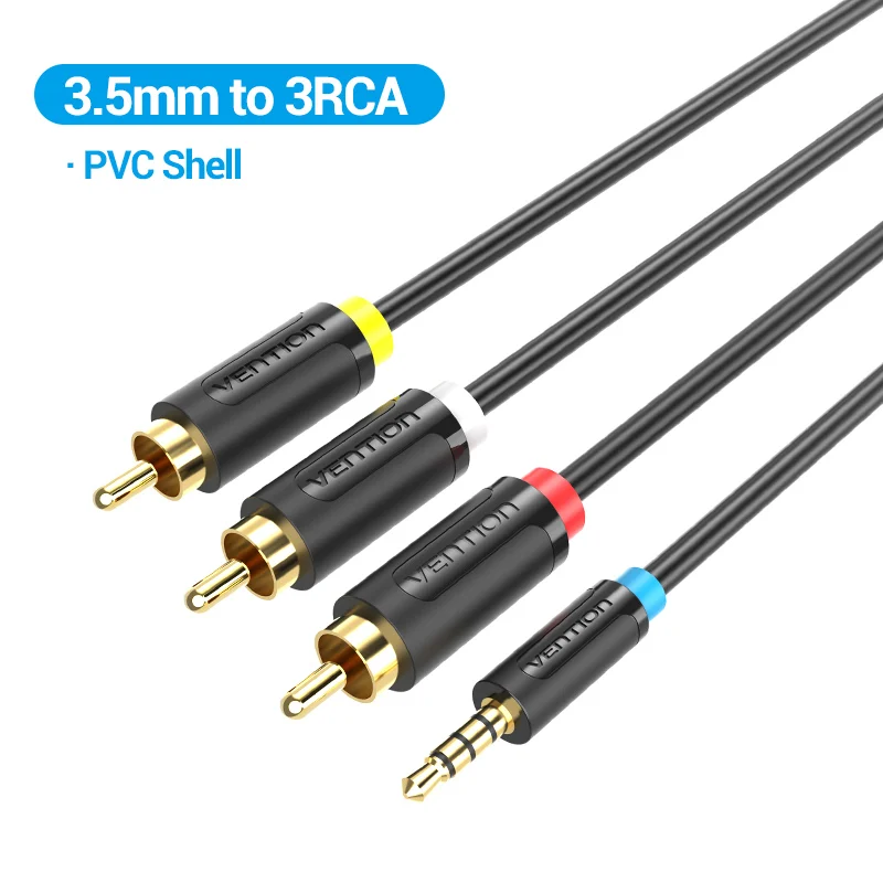 Vention 3,5 mm naar 3RCA-kabel, 3,5 mm stekker naar 3 RCA-stekkers, AUX-audiosplitter voor luidspreker, tv-box, stereo, AUX-kabel, 3,5 mm naar RCA.