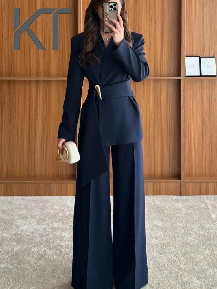 

KT Elegant Wrap Belted Two Piece Set for Women V Neck Long Sleeve Blazer & High Waist Wide Leg Pants Office & Formal Wear Suits