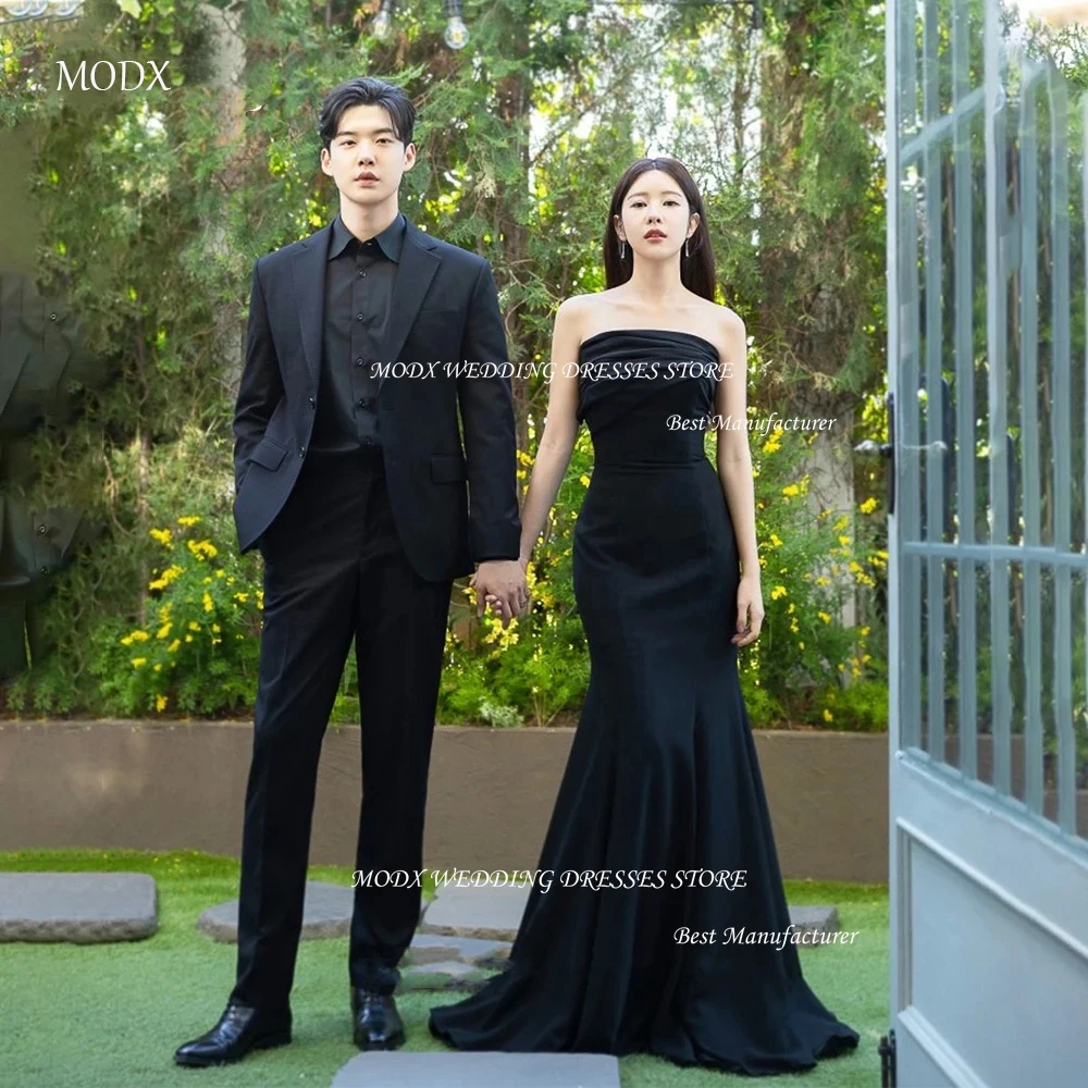 MODX Simple Black Mermaid Korea Wedding Dress Photo Shoot Strapless Sleeveless Elastic Satin Bridal Gown Pleats Evening Dress