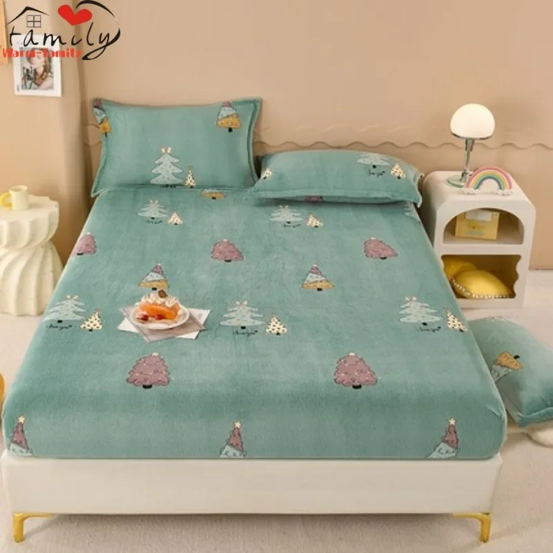 

Winter Warm Bed Sheet for Doube Bed Cartoon Style Flannel Fleece Mattress Cover Single/Queen/King Bed Fitted Sheet with Elastic