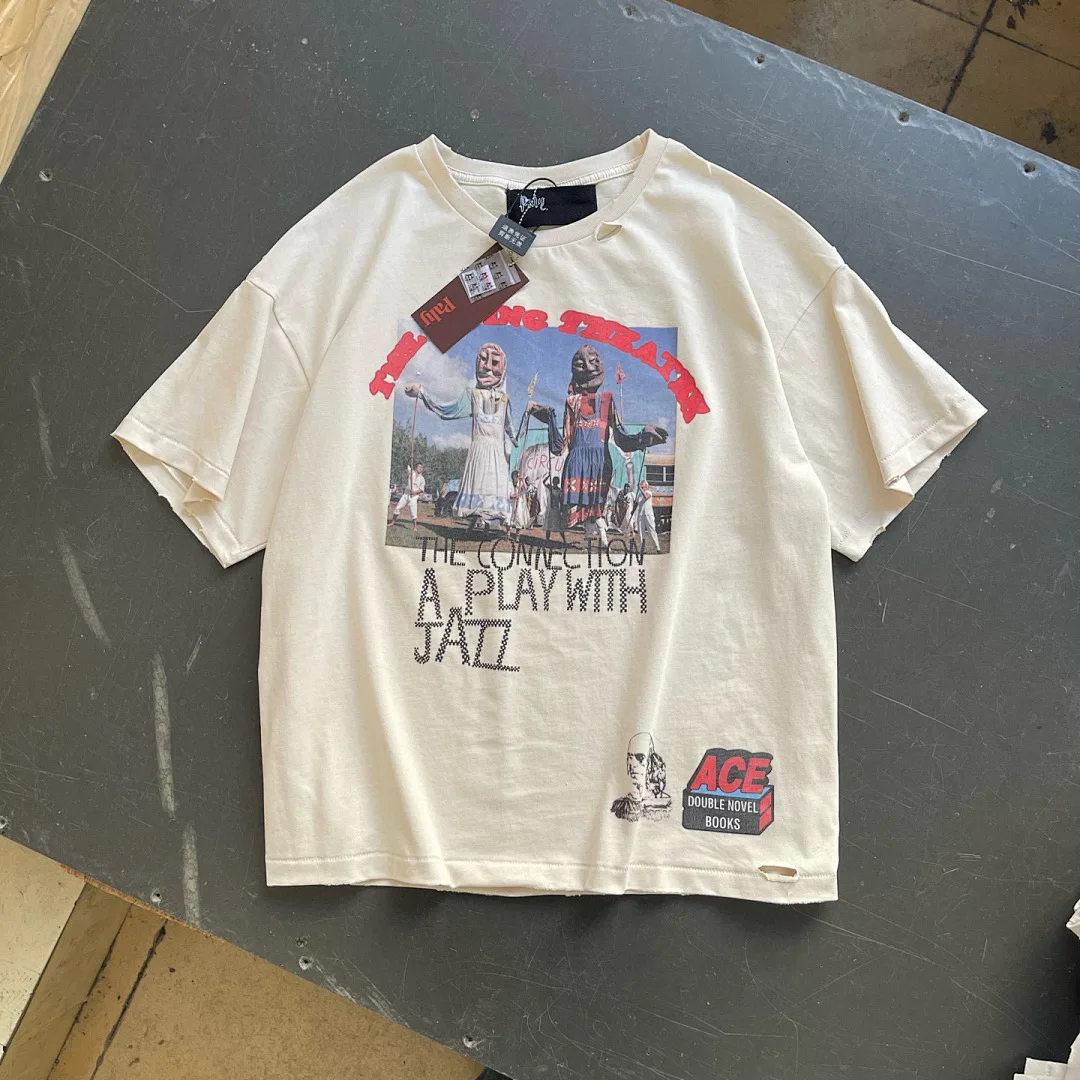 American Fashion Brand Tee Men Vintage Figure Poster Print Distressed T-shirt Unisex Cream Oversized Retro Streetwear Tee
