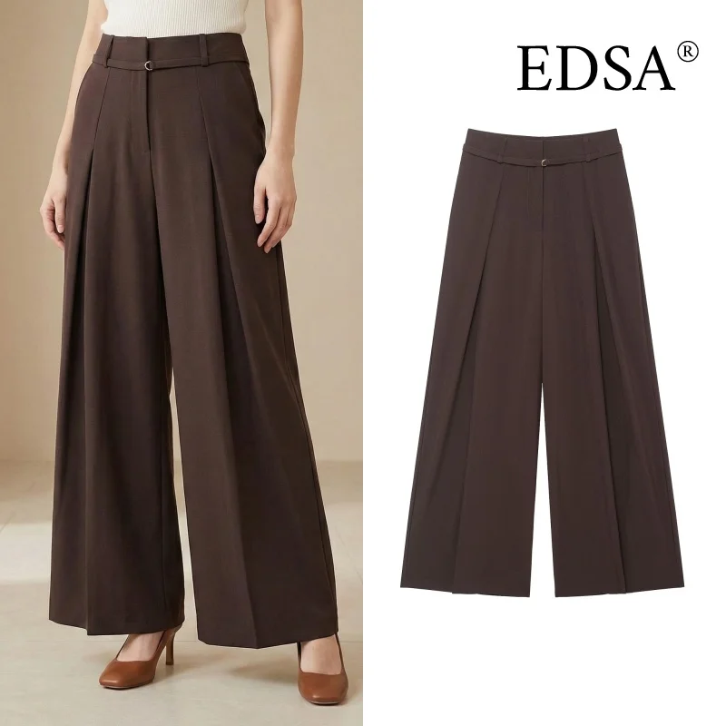 EDSA Damen-Hose mit weitem Bein, lockerer Bein und dünnem Gürtel, hohe Taille, einfarbig, lange All-Match-Hose