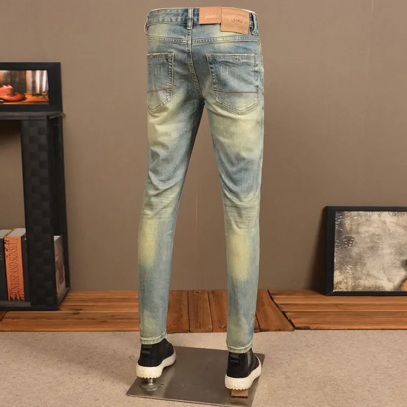 Italian Style Fashion Men Jeans High Quality Retro Washed Blue Stretch Slim Fit Ripped Jeans Men Vintage Designer Denim Pants