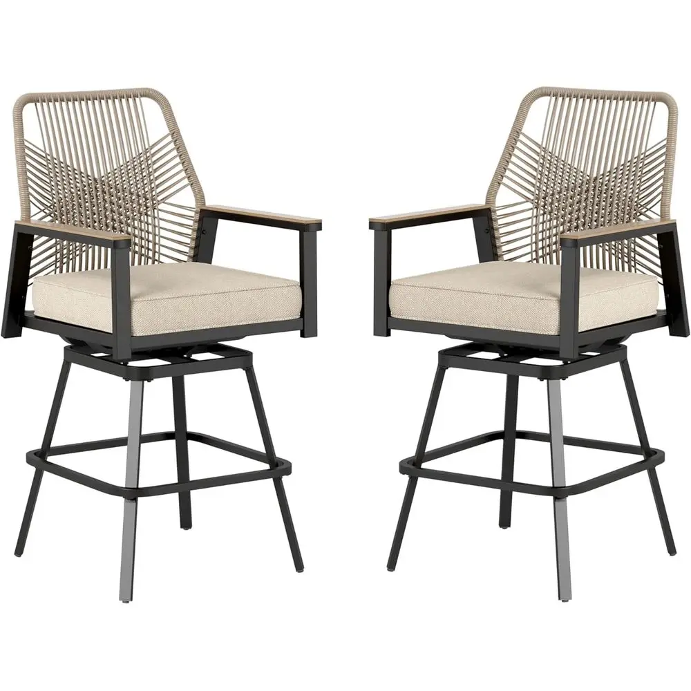 ชุดเก้าอี้บาร์หมุนกลางแจ้ง 2 ตัว เก้าอี้ลานหวายพร้อมเบาะรองนั่ง ทนต่อสภาพอากาศสำหรับระเบียงและสระว่ายน้ำ สีเบจ