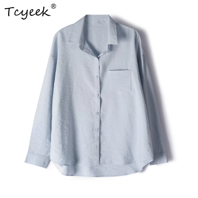 

Tcyeek 76% Mulberry 24% Nylon Spring Summer Korean Version POLO Collar Loose Long Sleeved Solid Color Women's Shirts חולצותנשים