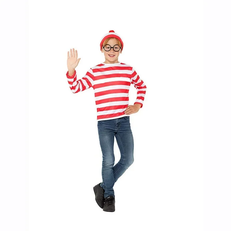 Where 'S Wally Waldo Ouder Kind Cosplay Kostuum Streep Shirt Met Lange Mouwen Boek Week Cos Outfits Met Hoed Bril Voor Volwassen Kind