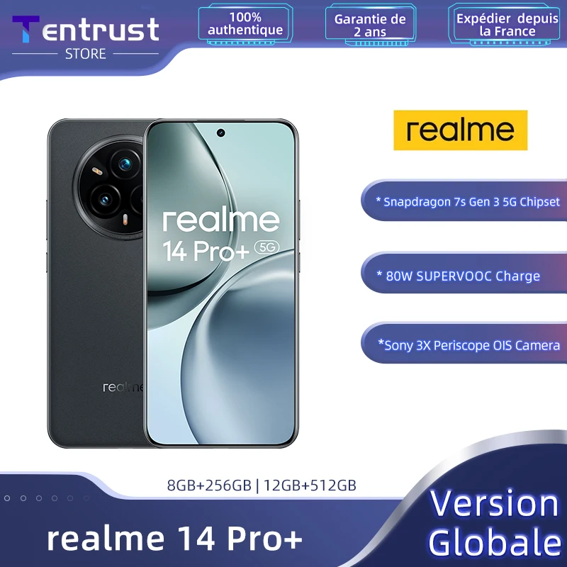 Version mondiale realme 14 Pro + 5G Smartphone 50MP caméra principale Snapdragon7s Gen 3 80W chargeur SUPERVOOC