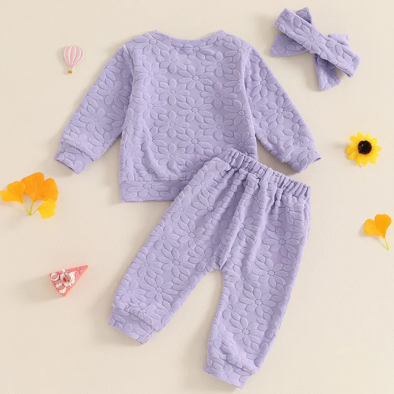 Toddler Baby Girl Pant Sets Fall Clothes Daisy Embroidery Long Sleeve Sweatshirt with Elastic Waist Pants Headband 3 Pcs Set