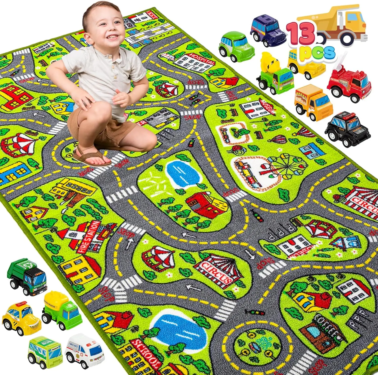 Kids Play Rugs 12 Pull-Back Vehicle Set - Durable Carpet Playmat Rug City Pretend Play Toddler Car Track Rug Parent child carpet