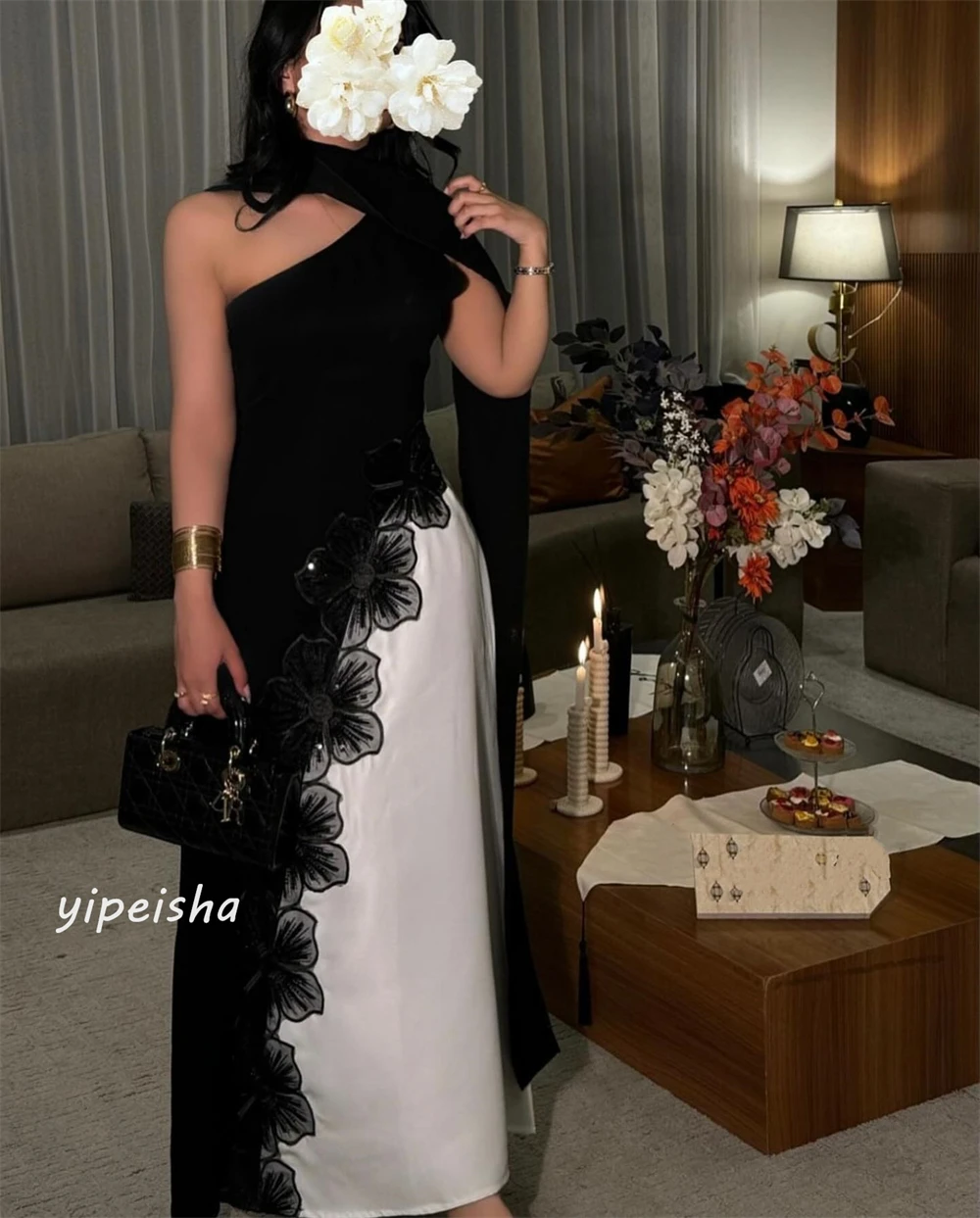 Jersey Flower Beading Ruched Formal Evening A-line One-shoulder Bespoke Occasion Gown Midi Dresses