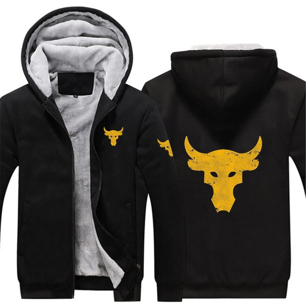 Dwayne Johnson Brahma Bull Tattoo Logo Print Autumn Winter Men Casual Outdoor Waterproof Solid Color Patchwork Thickened Hoodies