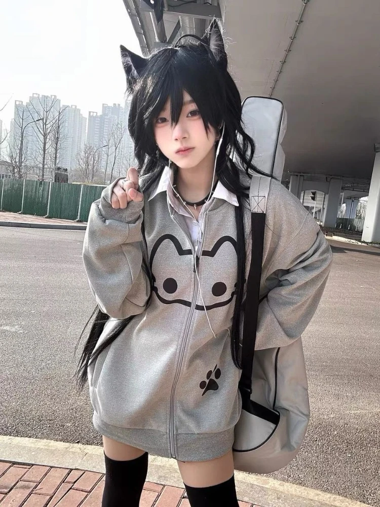 

Japanese Vintage Outwear Zipper Cartton Pattern Long Sleeve Pure Color Fashion Pocket Subculture Cute Hooded Woamn 2025 Autumn