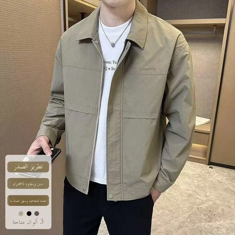 

Spring 2025 Men's Casual Faionable Collared Jaet Versatile Ele Stand Fit Polyester Long Sve Zipper Closure Coat