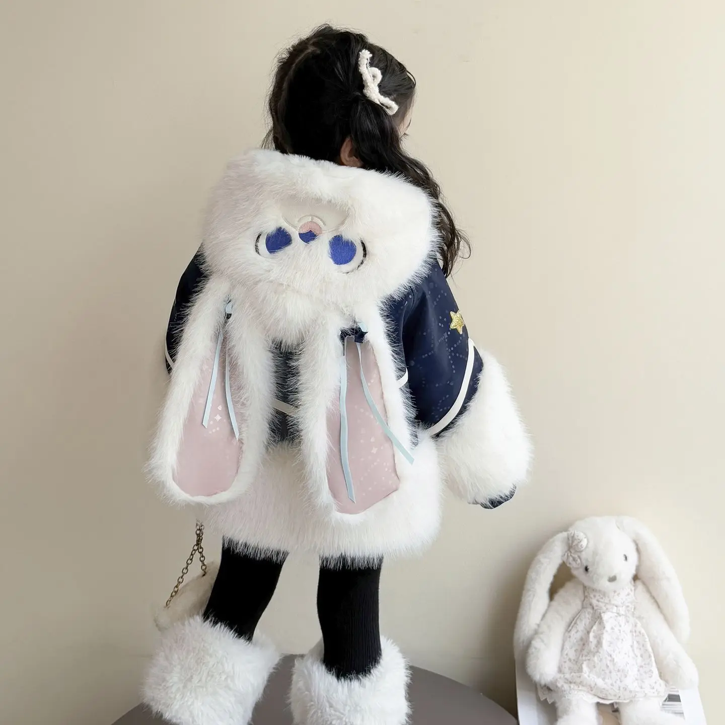 

Anime Judy Rabbit Children Faux Fur Coat Plush Jacket Winter Rabbit Ears Fashion Padded Jacket Dark Blue Thicken Warm Outerwear