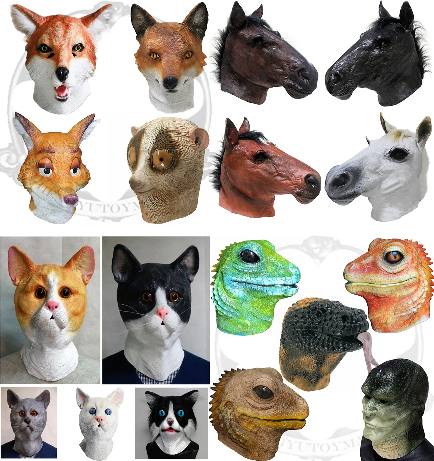 Animal Head Latex Masks Adult Reptiles Lizard Cat Fox Mask Horse Rubber Mask Halloween Carnival Mask Fancy Dress Props