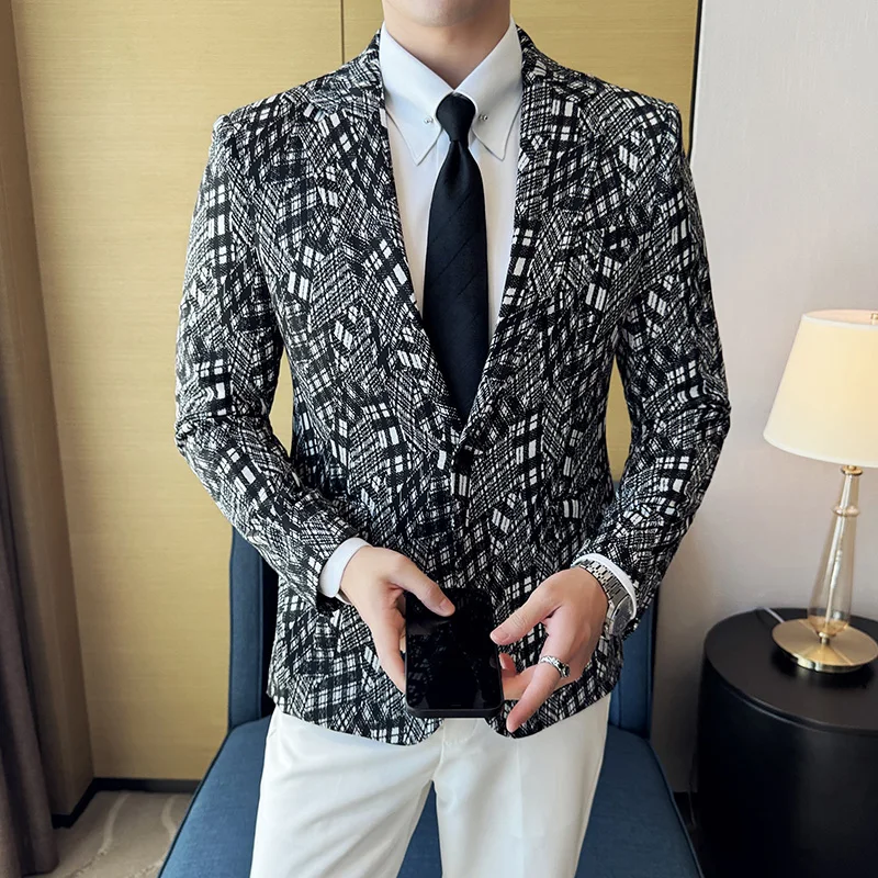 Camouflage Grid Suit Jacket For Men 2024 New Business Casual Slim Blazer Korean Luxury High Quality Wedding Business Suit Coats