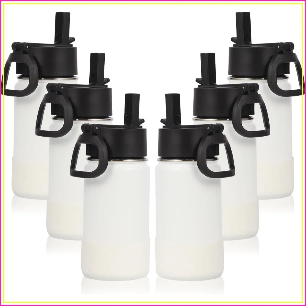 

14oz Kids Water Bottle with Straw Lid and Silicone Boot Bulk 6 Pack, Stainless Steel Insulated Cups for Boys & Girls, Double Wall Vacuum Leakproof Bottles (White,6)