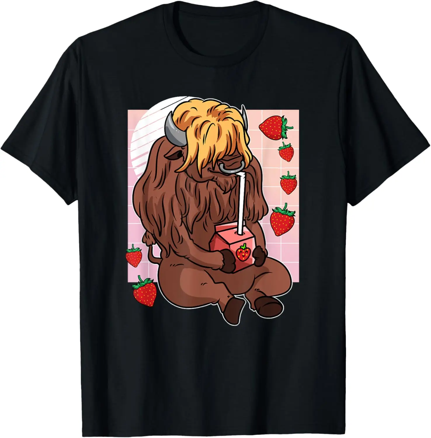 Kawaii Scottish Cow Strawberry Milk 90's Vaporwave T-Shirt