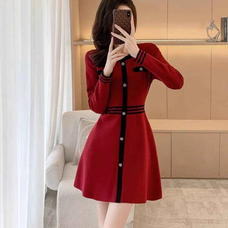 Xiaoxiang Style Autumn and Winter Women Round Neck Long-sleeved Knitted Dress Zodiac Year Engagement Waist Sweater Little Skirt