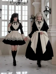 Original genuine new Gothic Nun Black Long and short OP Dress with sleeve apron Vintage elegant dress set