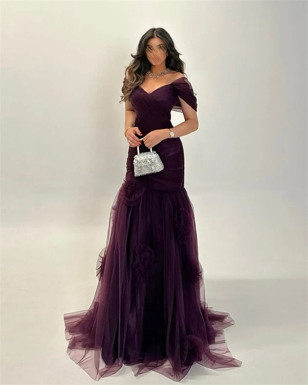 Abito da sera semplice in organza viola personalizzato Boho Sweetheart con spalle scoperte Abito da festa Abito da ballo sexy con strascico a sirena