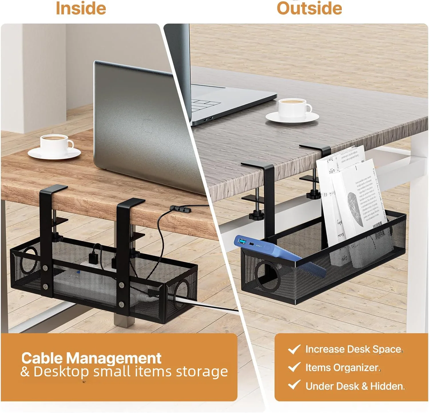 Under Desk Cable Management Tray No Drill Steel Desk Cord Wire Management Tray Cable Management Rack with Clamp for Office Home