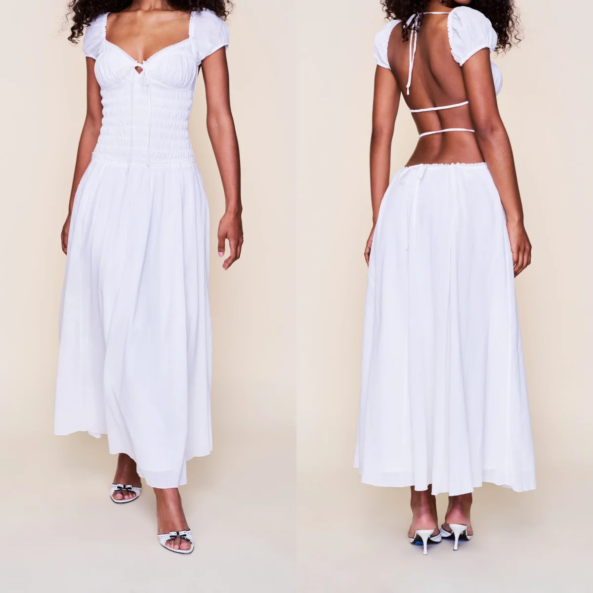 Guz Puff-Sleeved Backless Tie-Up Dress, Pleated Waist-Cinching White Holiday Maxi Dress, French Lace White Dress, Front-Tie Flowing Long Lace Dress