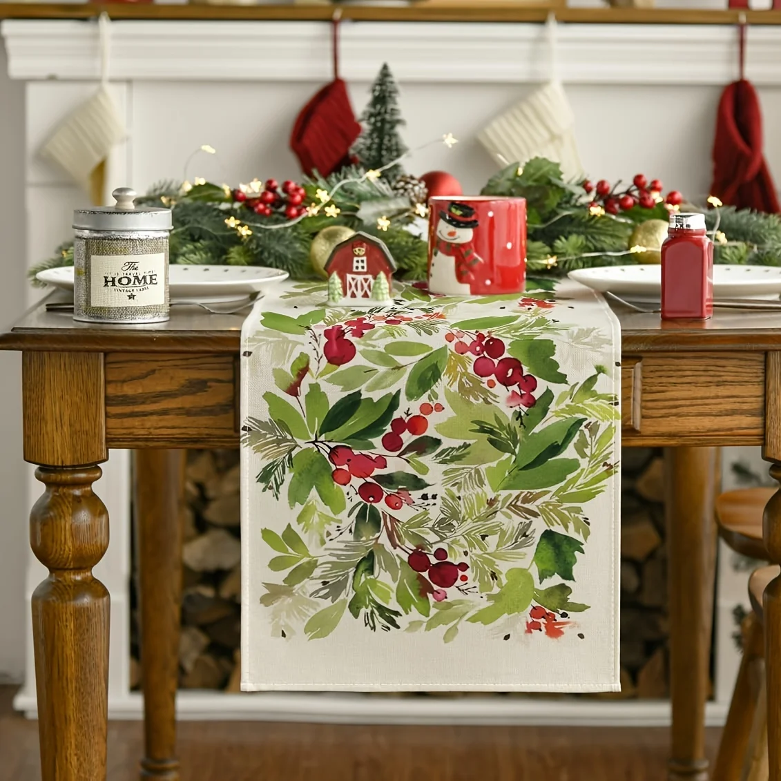 1 Piece of Watercolor Berry Leaf Christmas Table Runner, Red and Green Branches and Leaves Painted on White Background, Red Berry Pattern, Suitable for Christmas Dinner, Family Party, Holiday Tea Party, Pastoral Style Restaurant, B&B Decoration, Christmas Market, Warm Home, Holiday Gift Giving