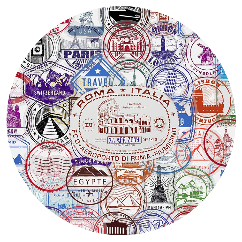 

10/30/50pcs Cartoon Retro Travel Postmark Stickers Famous City Stamp Graffiti Sticker Notebook Phone Luggage Transparent Decals