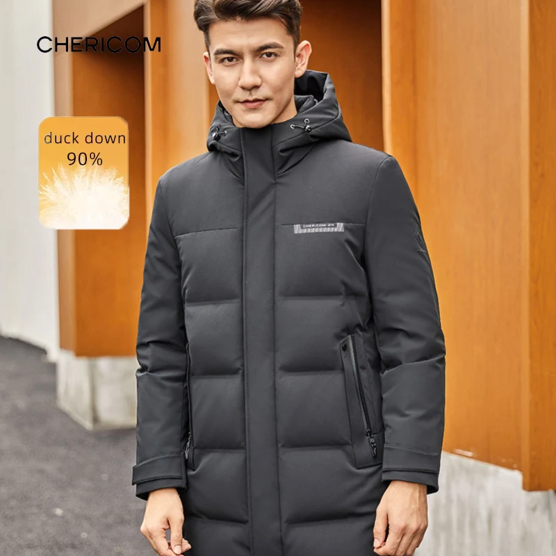 

Chericom Men's Down Jacket Hooded Sleeve Logo Tag Zippered Pockets Quilted Pattern Waterproof Padded Casual Overcoat Y279623Y