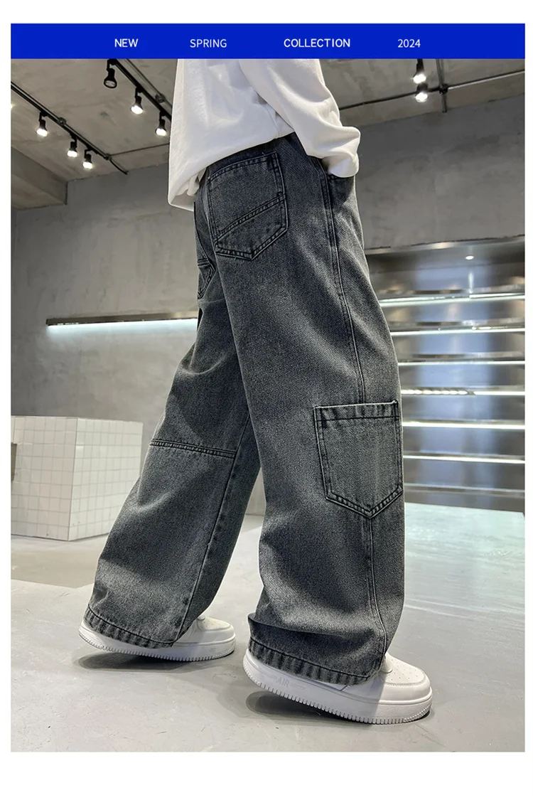 Graue Vintage-Jeans mit Tasche für Jungen, modische High-Street-Denim-Hose, lässige gerade Jeanshose für Teenager. – Detail 5