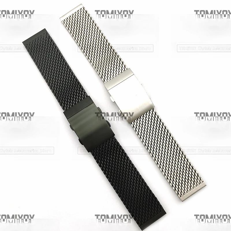 High Quality 22MM Flat End Silver Black 316L Stainless Steel Telescopic Diving Buckle Three Bead Watch Band